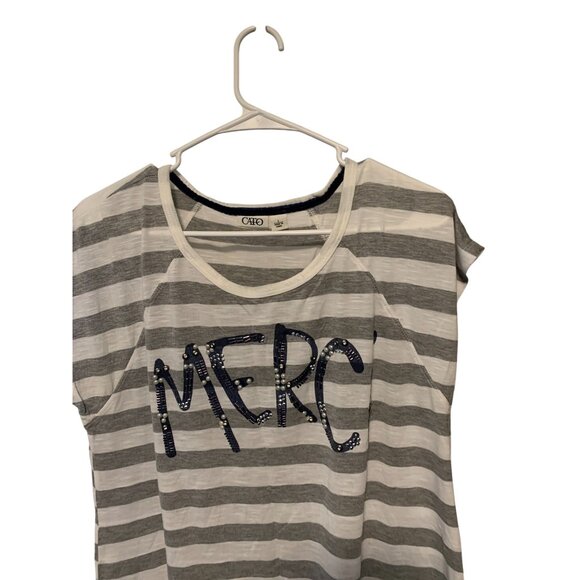 Cato Womens Size Large Pull over round neck tee tshirt shirt striped gray white - Picture 2 of 3
